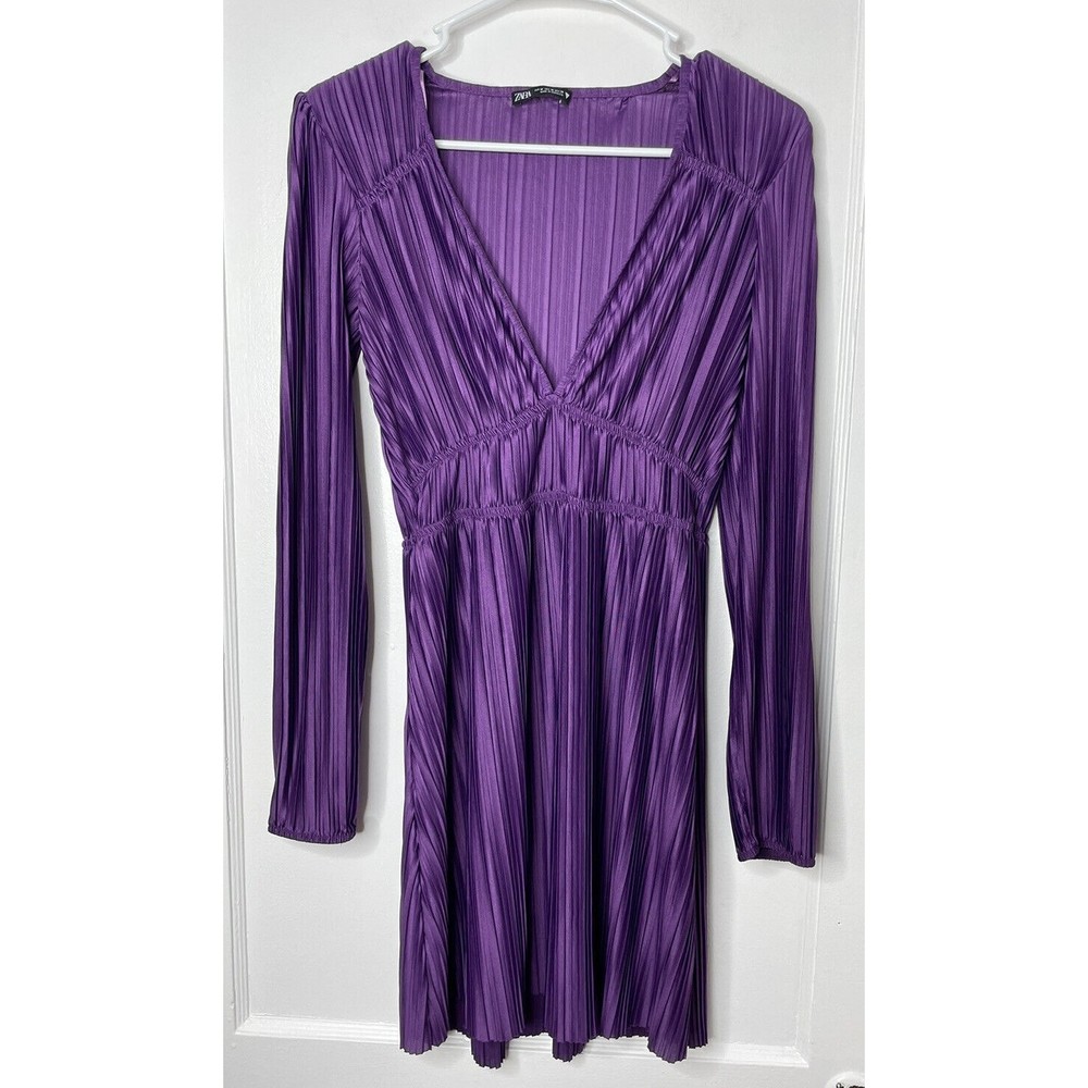 Zara Womens Sz M Crinkle Dress A-Line Sheer Purple V-Neck Long Sleeve Knee Lengt